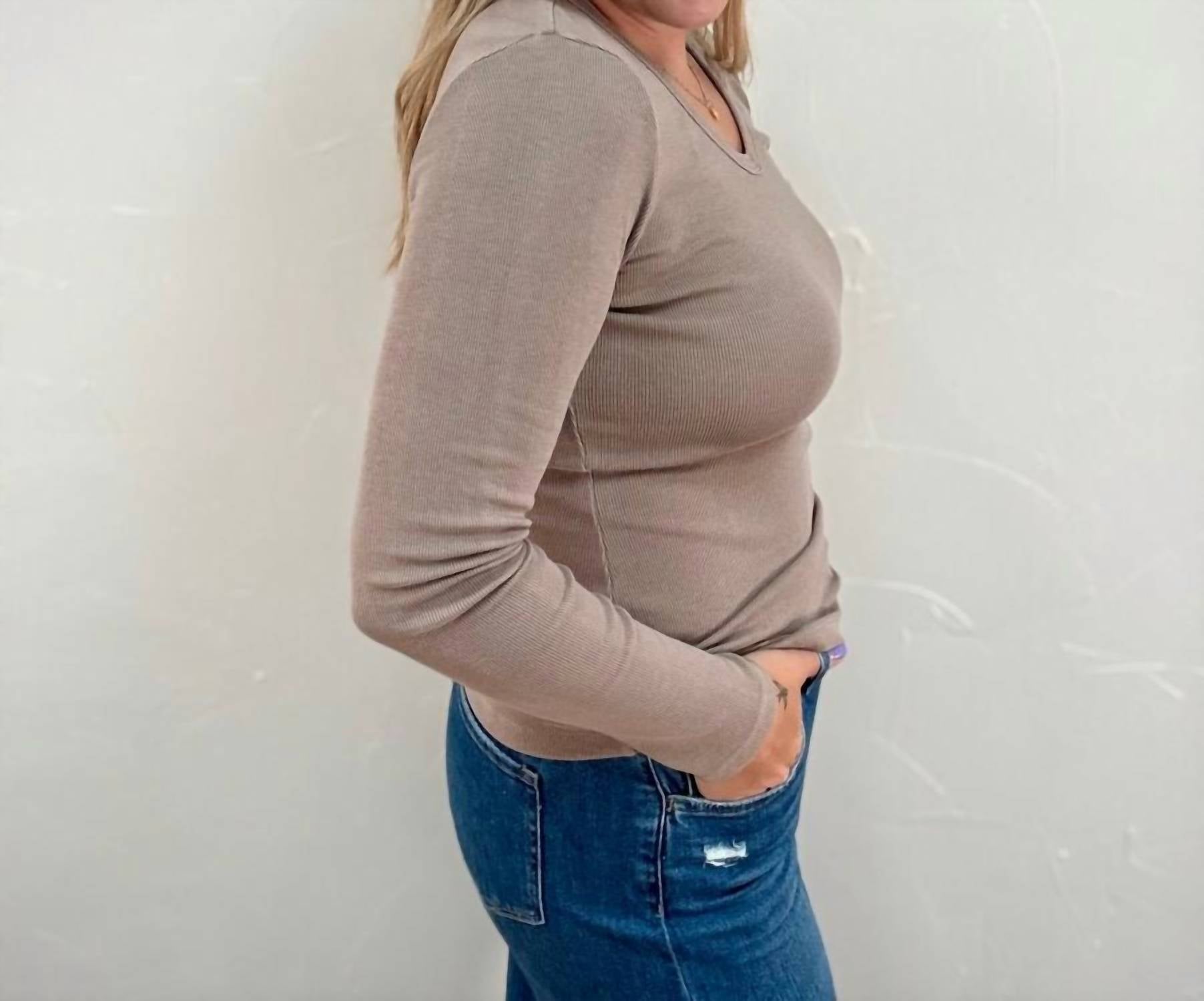 STACCATO Garment Dyed V Neck Top in taupe - women's long sleeve top - alternate view