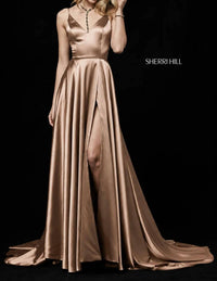 Sherri Hill - Silk Charmeuse V-neck High Slit Gown