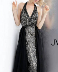 JVN Lace Prom Dress With Overskirt in black nude - women's dress - detail view