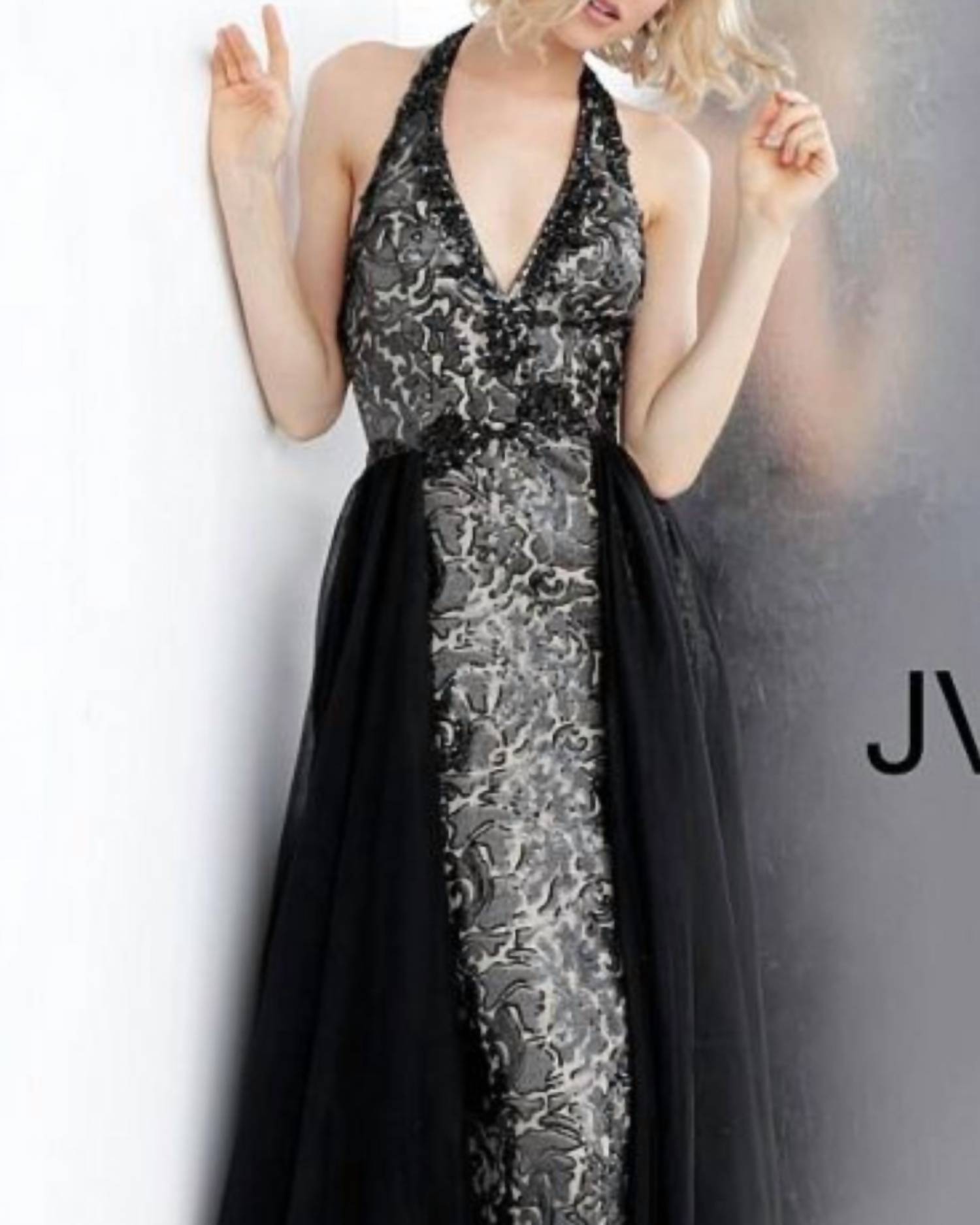 JVN Lace Prom Dress With Overskirt in black nude - women's dress - detail view