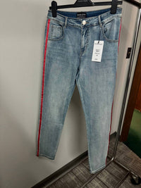 Frank Lyman Skinny Jeans With Ribbon Side And Rhinestones in mid wash - women's jeans - detail view