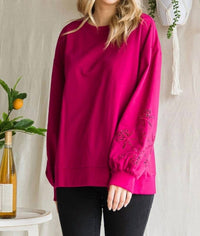Cotton Bleu - Embroidery Sleeve Cotton Terry Pullover Top