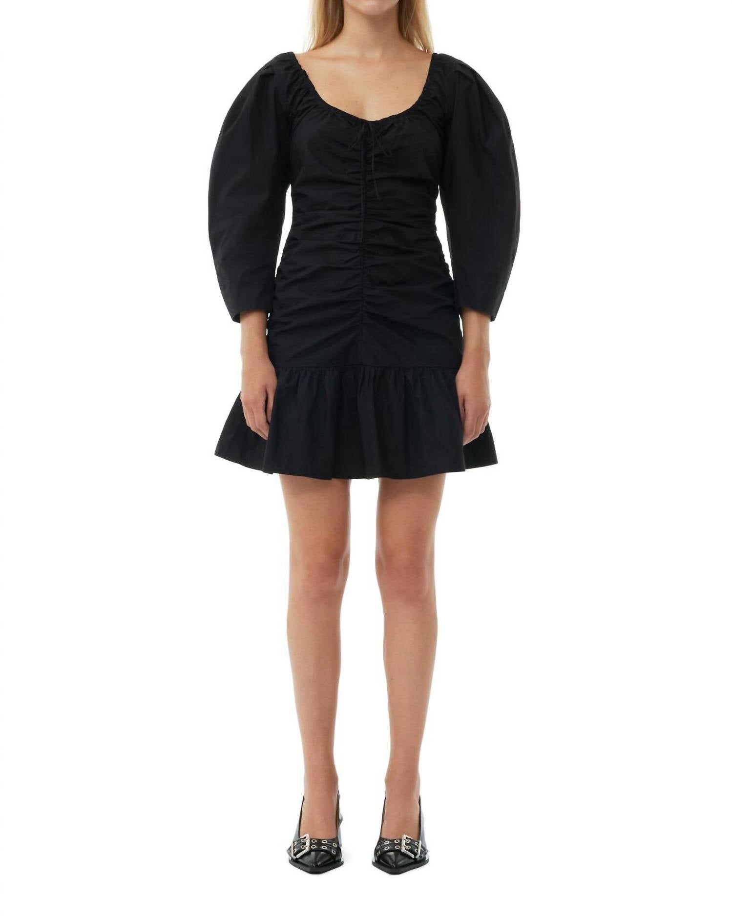 Ganni - Cotton Poplin Gathered U-neck Mini Dress