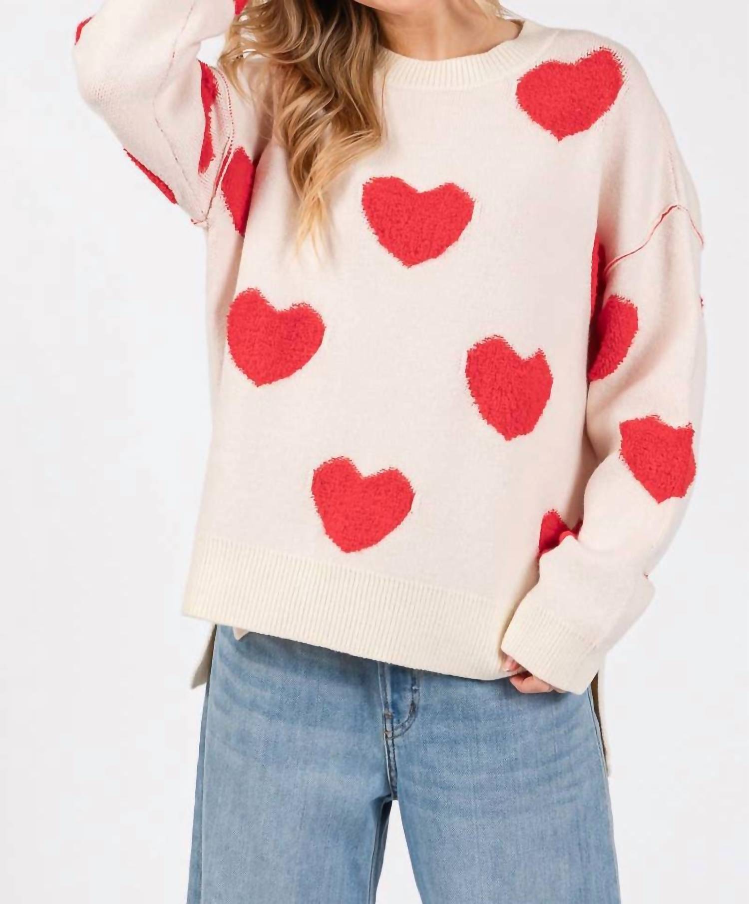 Sewn And Seen - Oversized Valentine Side Slit Heart Sweater