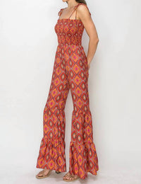 Wisteria Lane - Boho Print Smocked Flared Jumpsuit
