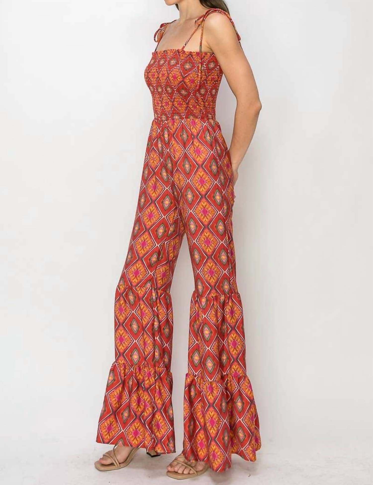 Wisteria Lane - Boho Print Smocked Flared Jumpsuit