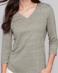 CHARLIE B 3/4 Sleeve V-neck Top - Plus in celadon - women's blouse - detail view