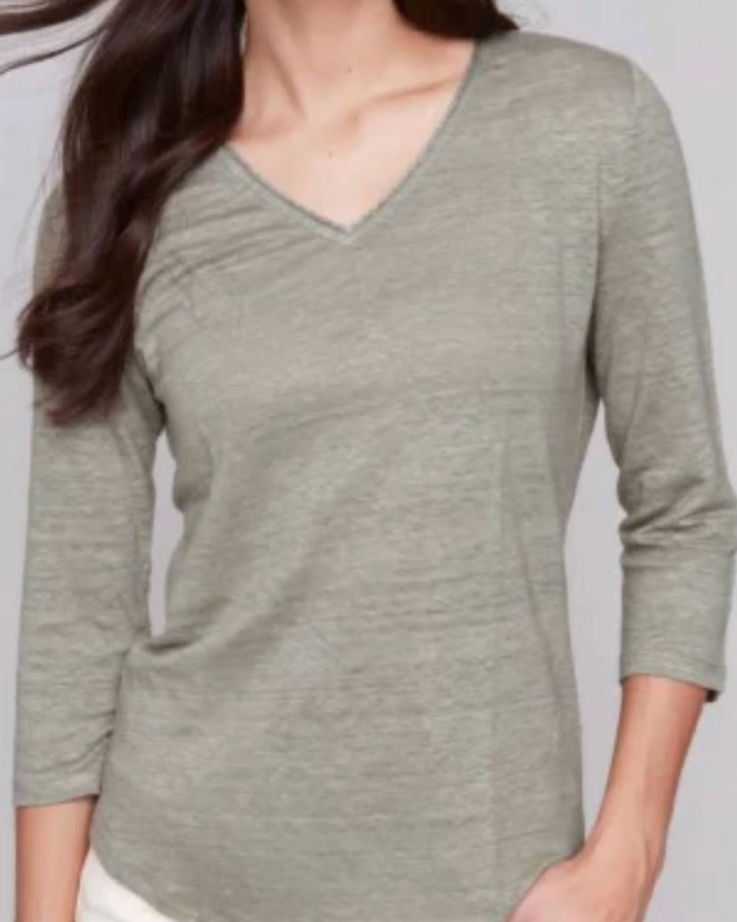 CHARLIE B 3/4 Sleeve V-neck Top - Plus in celadon - women's blouse - detail view