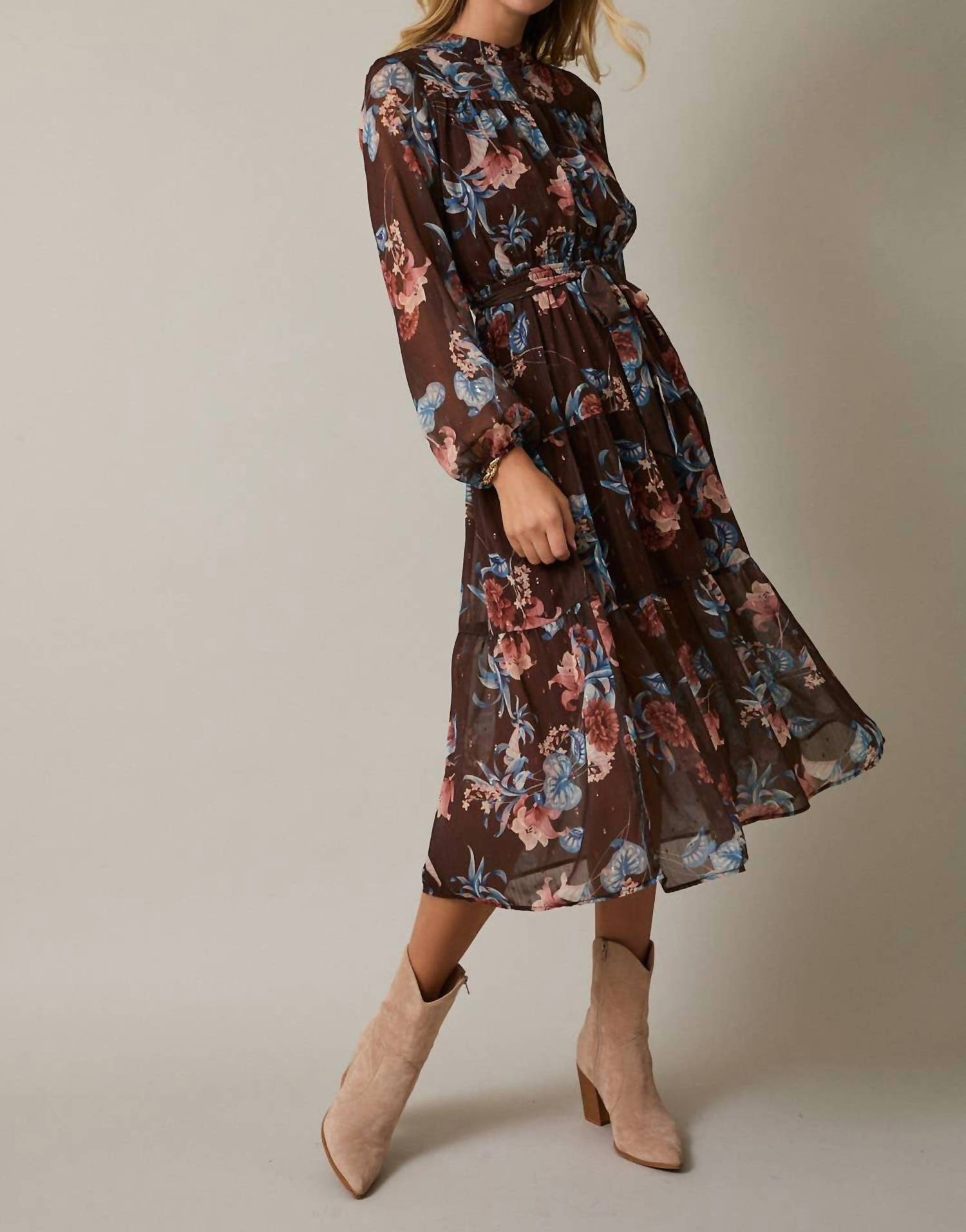 Gilli - Round Neck Long Sleeve Button Up Waist Tie Floral Midi Dress