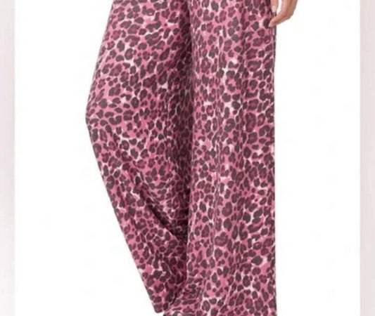 Zenana - Soft French Terry Leopard Wide Leg Pants