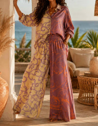 Surelymine - Printed Satin Shirt & Wide Leg Pant Set
