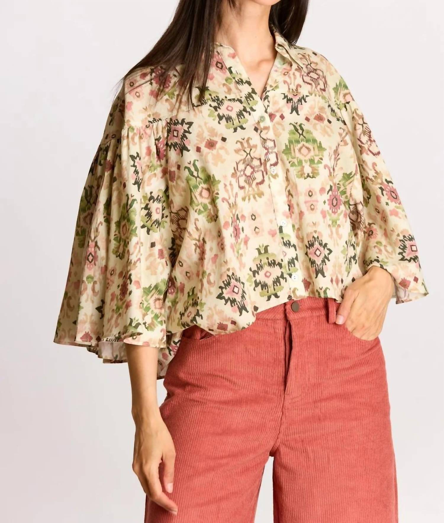 Before You - Ashley Ikat Print Flowy Sleeve Top