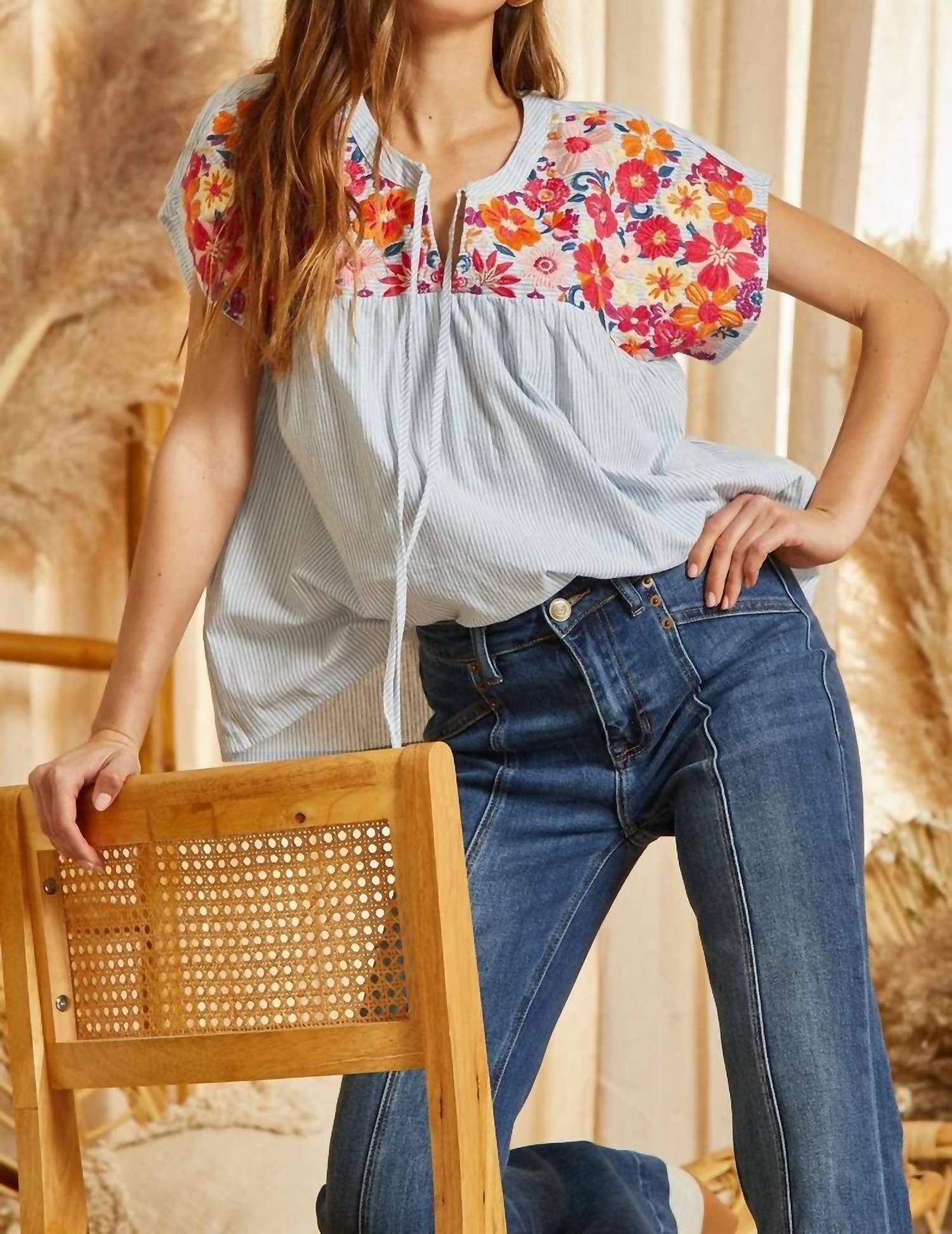 Andree By Unit - Striped Babydoll Embroidered Top