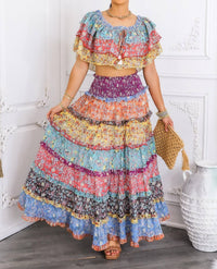 Surelymine - Boho Floral Ruffle Crop Top & Maxi Skirt Set