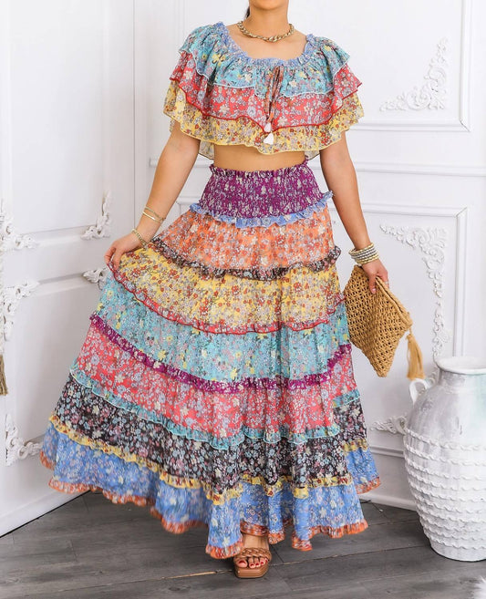 Surelymine - Boho Floral Ruffle Crop Top & Maxi Skirt Set