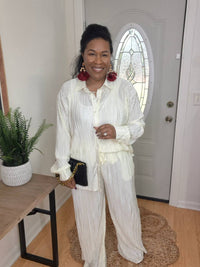 Blue B - Pleated Button Up Blouse And Pant Lounge Set