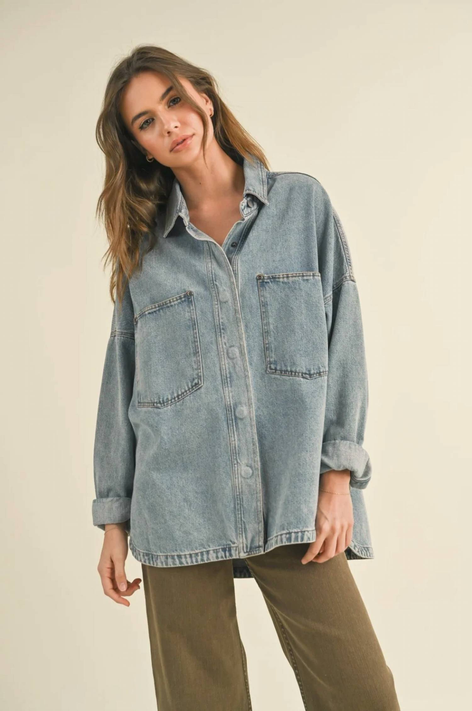 Miou Muse - Washed Snap Button Denim Shacket