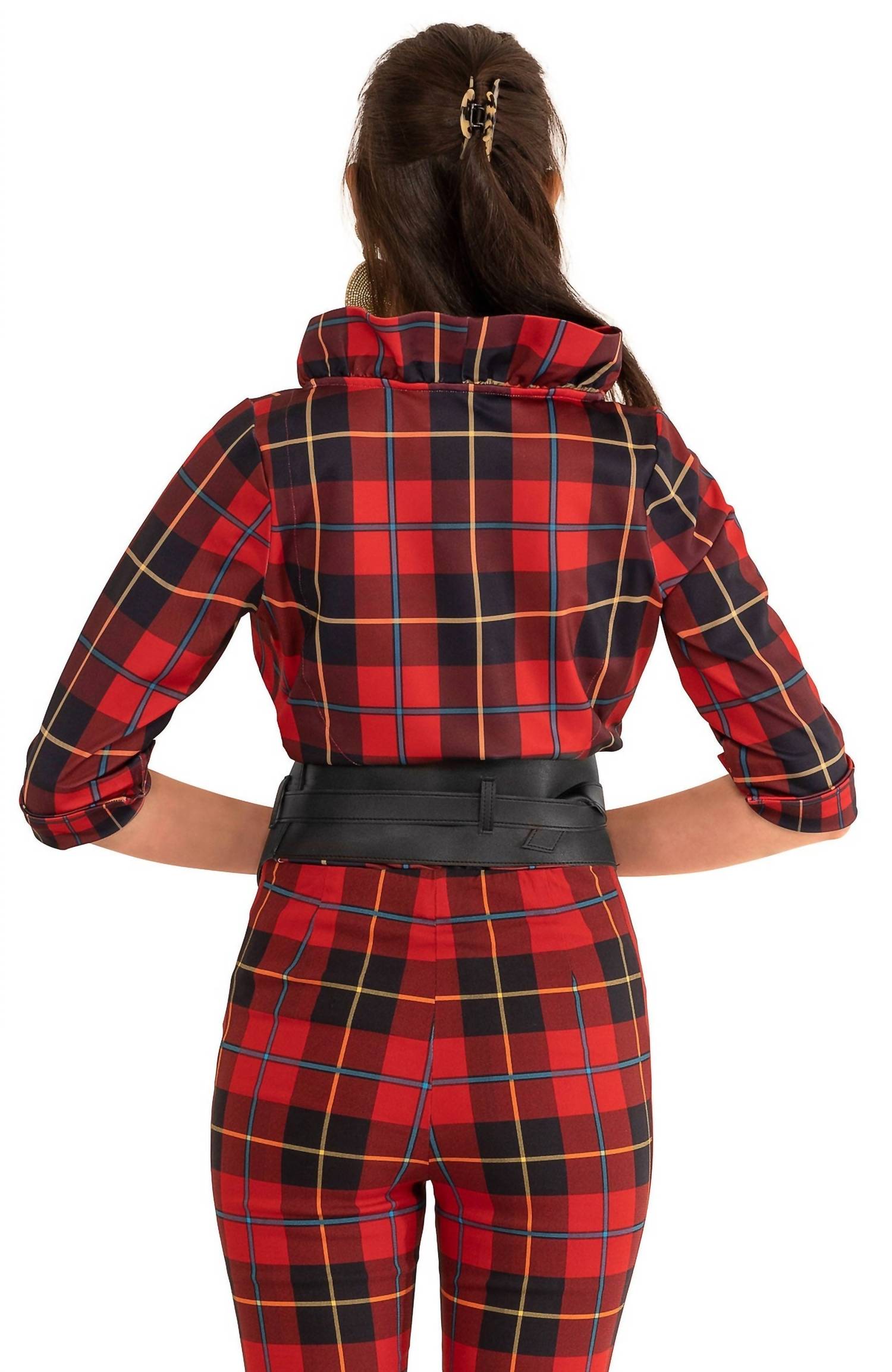 GRETCHEN SCOTT Ruffneck Plaidly Cooper Top Plus in red multi - women's blouse - alternate view