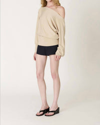 NIA Sabina Off-shoulder Soft Knit Sweater in stone - women's sweater - detail view
