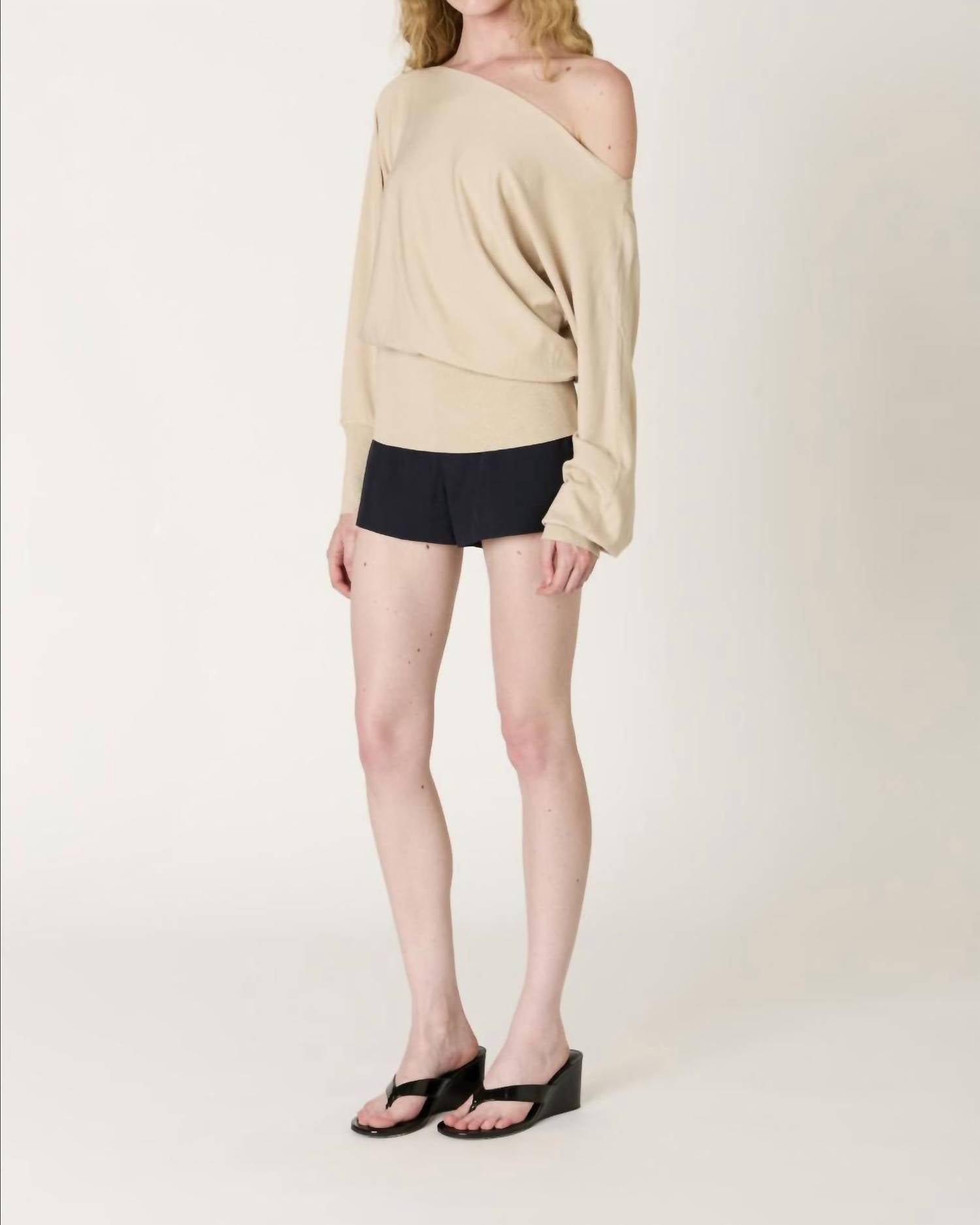NIA Sabina Off-shoulder Soft Knit Sweater in stone - women's sweater - detail view