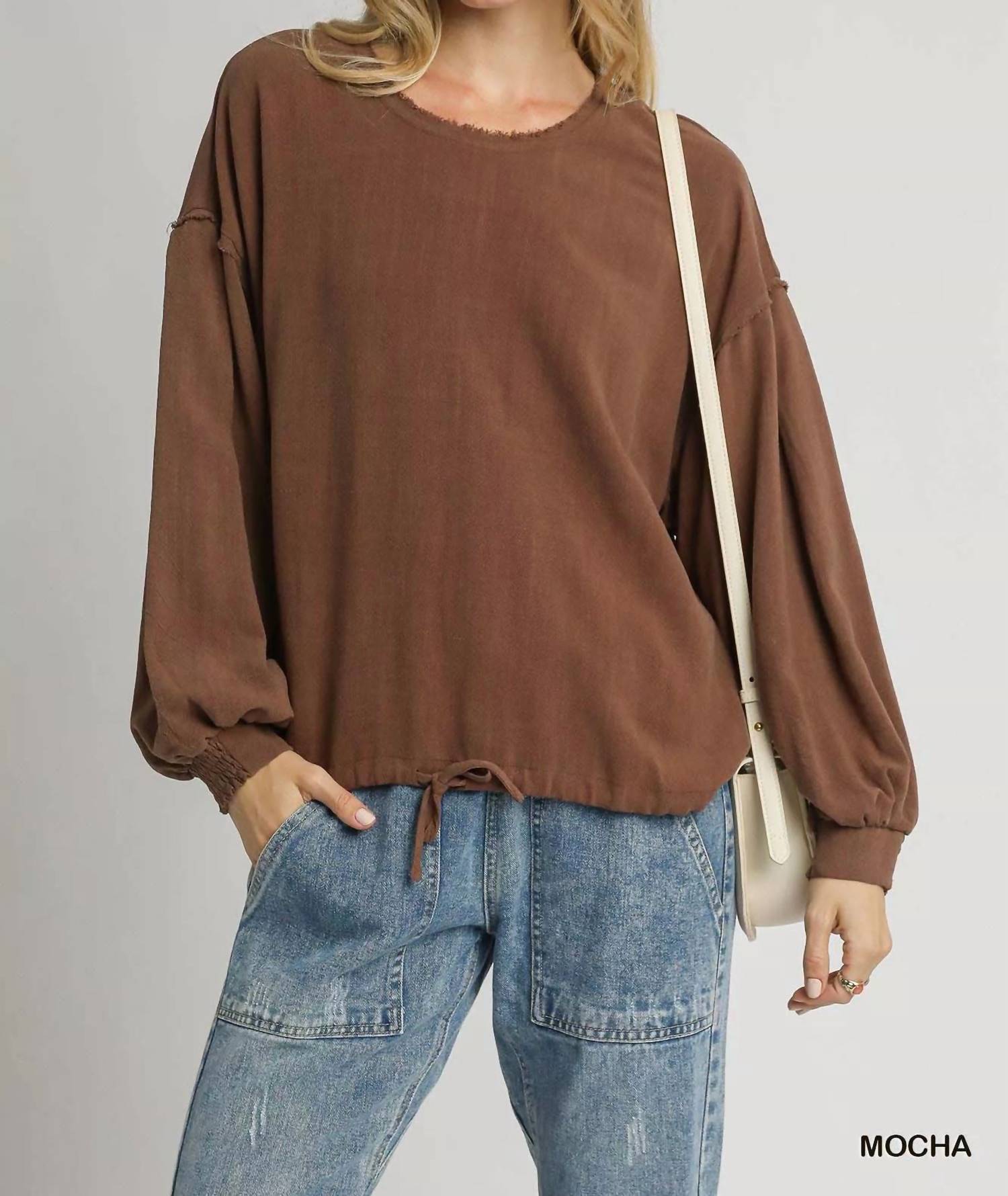 umgee Linen Long Sleeve Top With Drawstring in mocha - women's long sleeve top