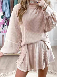 Trendsi - Ribbed Knit Balloon Sleeve Top and Skirt Set