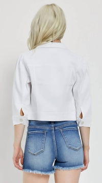 RISEN Shirring Sleeve Cropped Denim Jacket in white - women's jacket - view 6