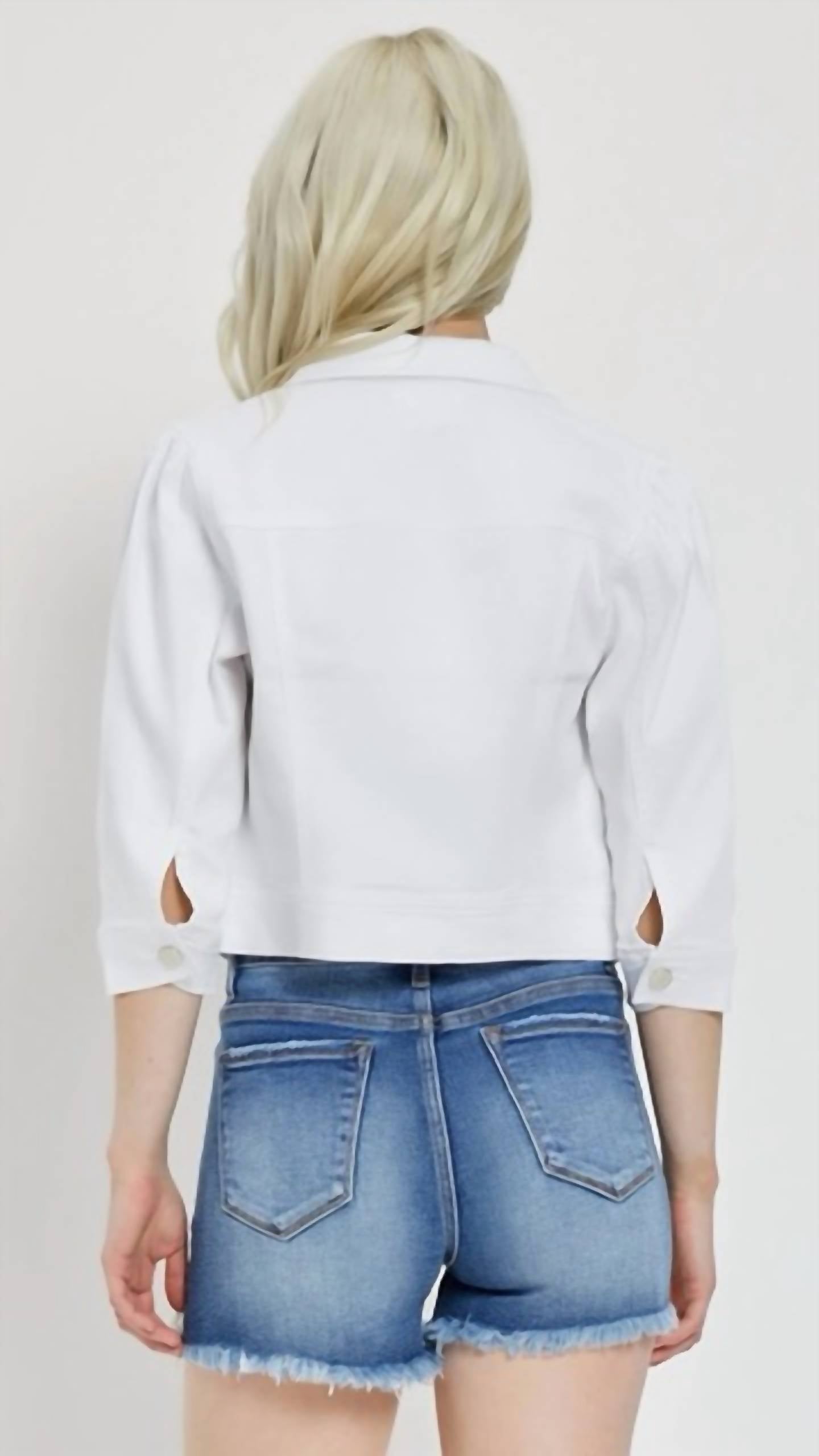 RISEN Shirring Sleeve Cropped Denim Jacket in white - women's jacket - view 6