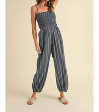 Klesis - Spaghetti Strap Smocked Striped Balloon Jumpsuit