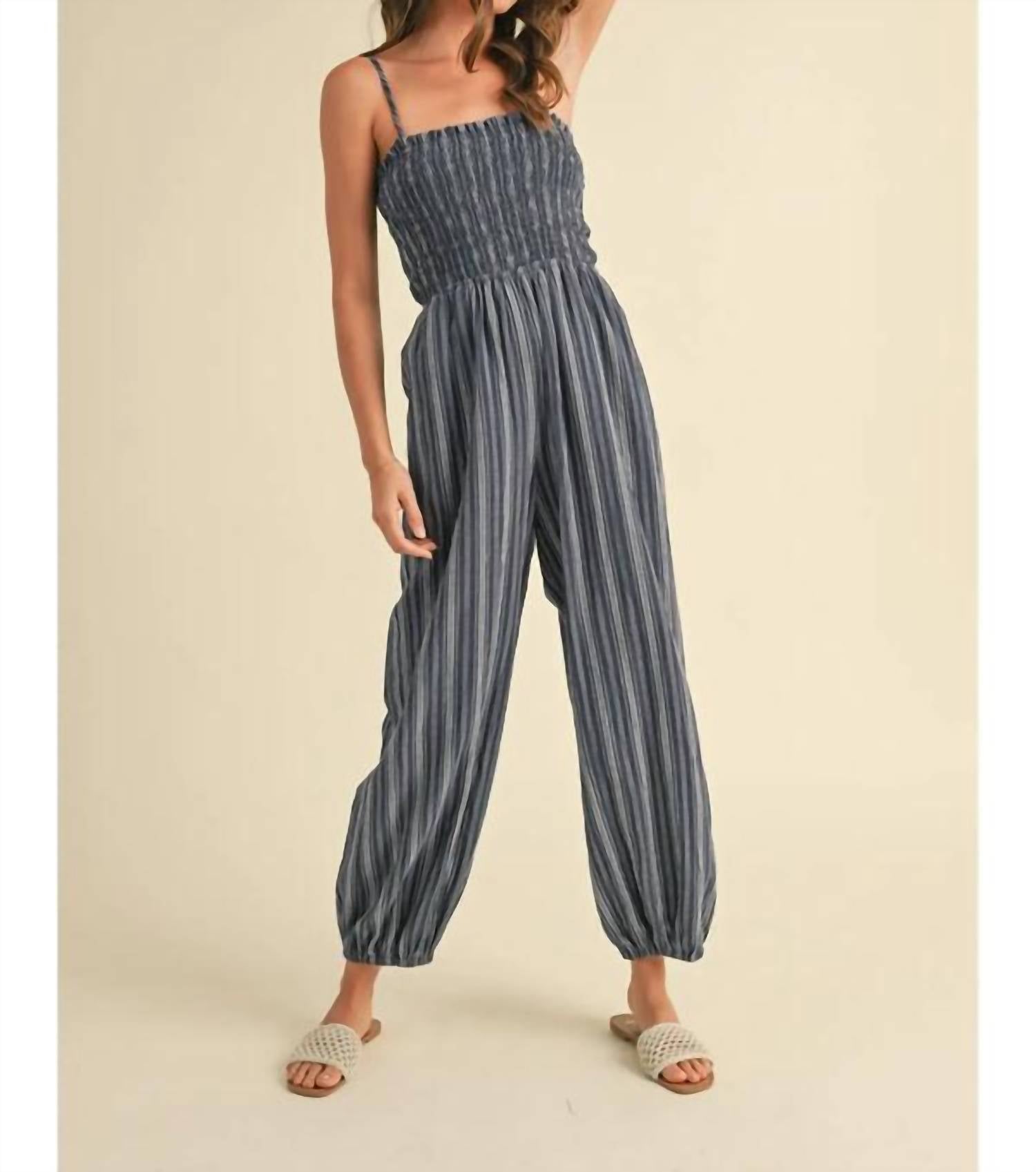 Klesis - Spaghetti Strap Smocked Striped Balloon Jumpsuit