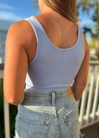 By Together Bryer Ribbed Crop Top in lilac blue - women's shirt - detail view