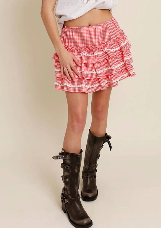 Peach Love - Ruffle Rodeo Gingham Mini Skirt