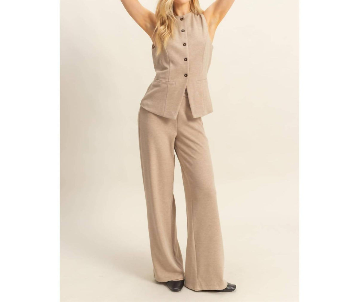 Hyfve - Ribbed Buttoned Vest And Wide-leg Pants Set