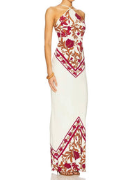 ROCOCO SAND Bias Halter Maxi Dress in ivory burgundy - women's dress - detail view