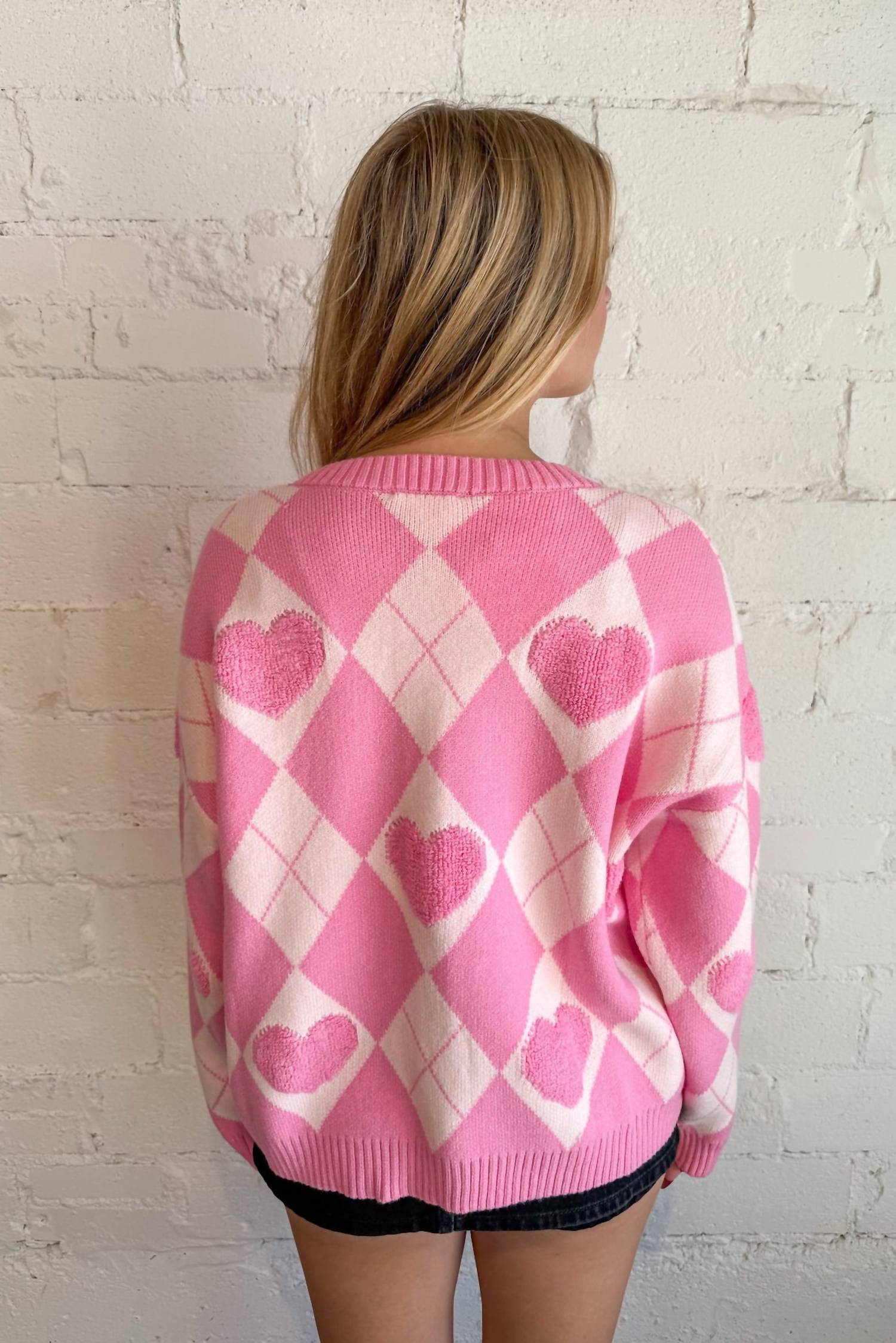 Adeline - Heart Detail Argyle Cardigan