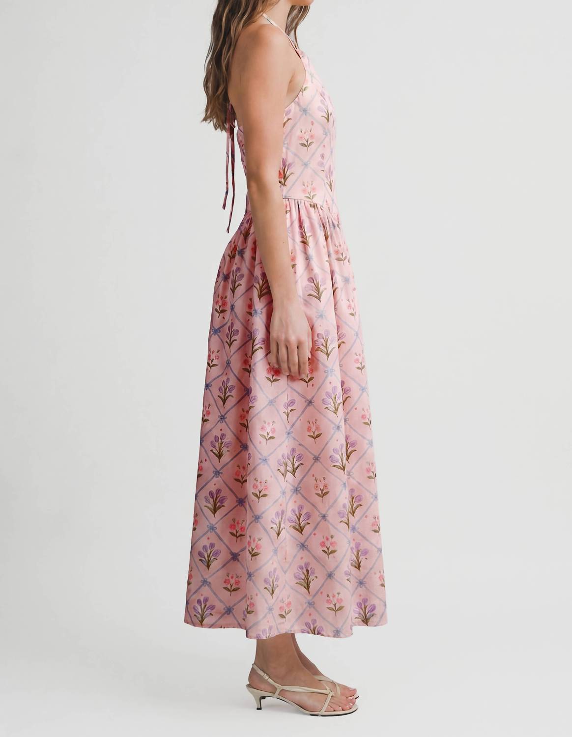 Le Cliche Floral Jacquard Halter Dress in pink - women's dress - detail view