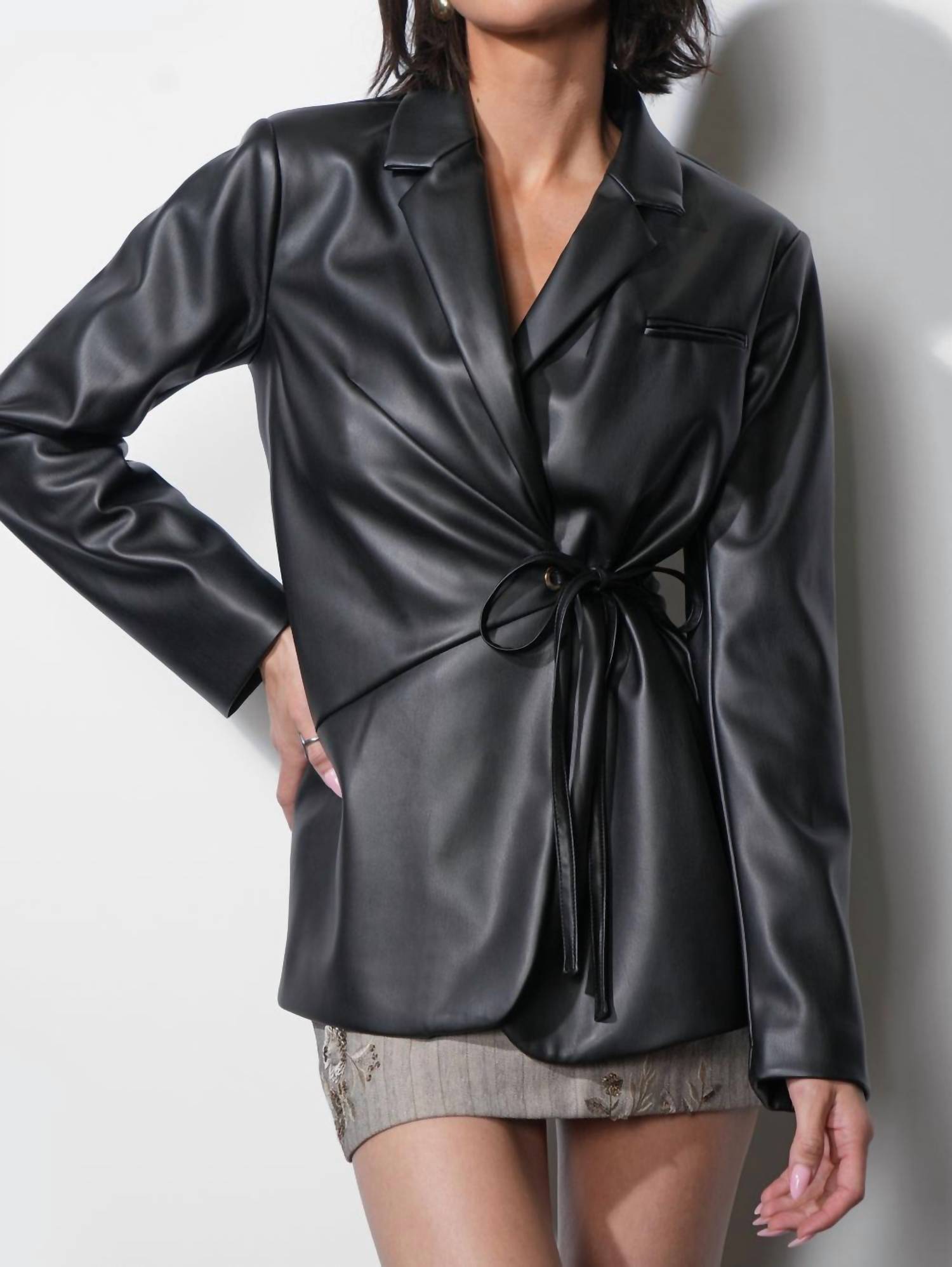 GREYLIN Ava Tie Front Faux Leather Blazer in black - women's jacket