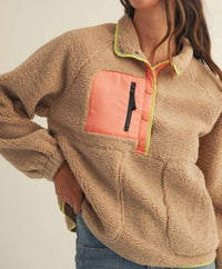 LovLov Daily Colorblock Button Pullover in desert sand - women's top - detail view