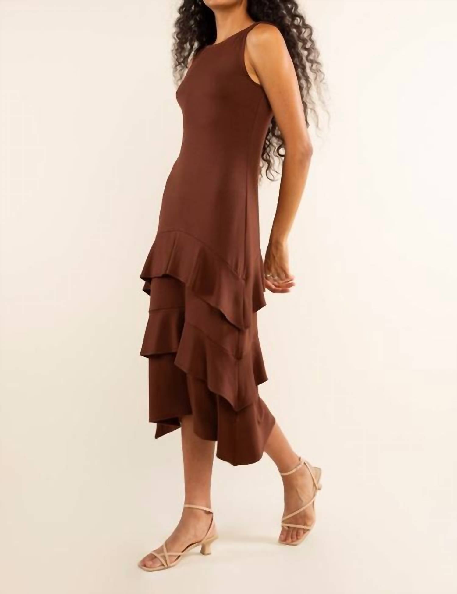 nlt Delphi Tiered Ruffle Dress in chocolate - women's dress - detail view