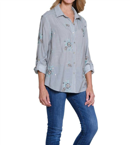Multiples - Roll Tab Button Front Hi/lo Shirt With Embroidery