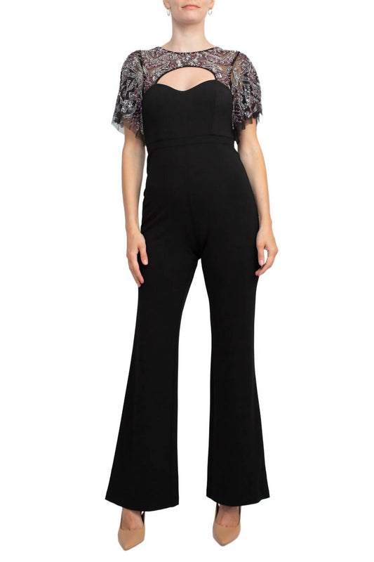Aidan Mattox - Embellished Mesh Bodice Crepe Jumpsuit