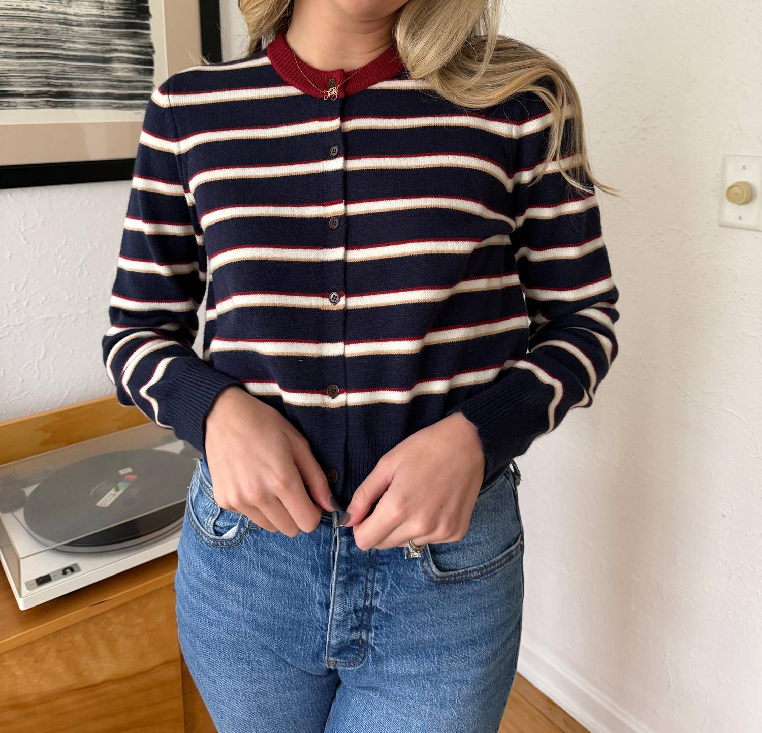 Elle Grey Zara Striped Button Cardigan in navy - women's cardigan