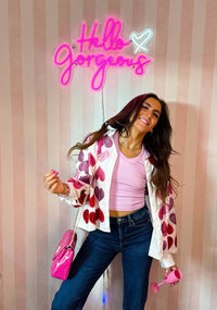 QUEEN OF SPARKLES Rhinestone Hearts Button Up Shirt in pink multi - women's shirt - alternate view
