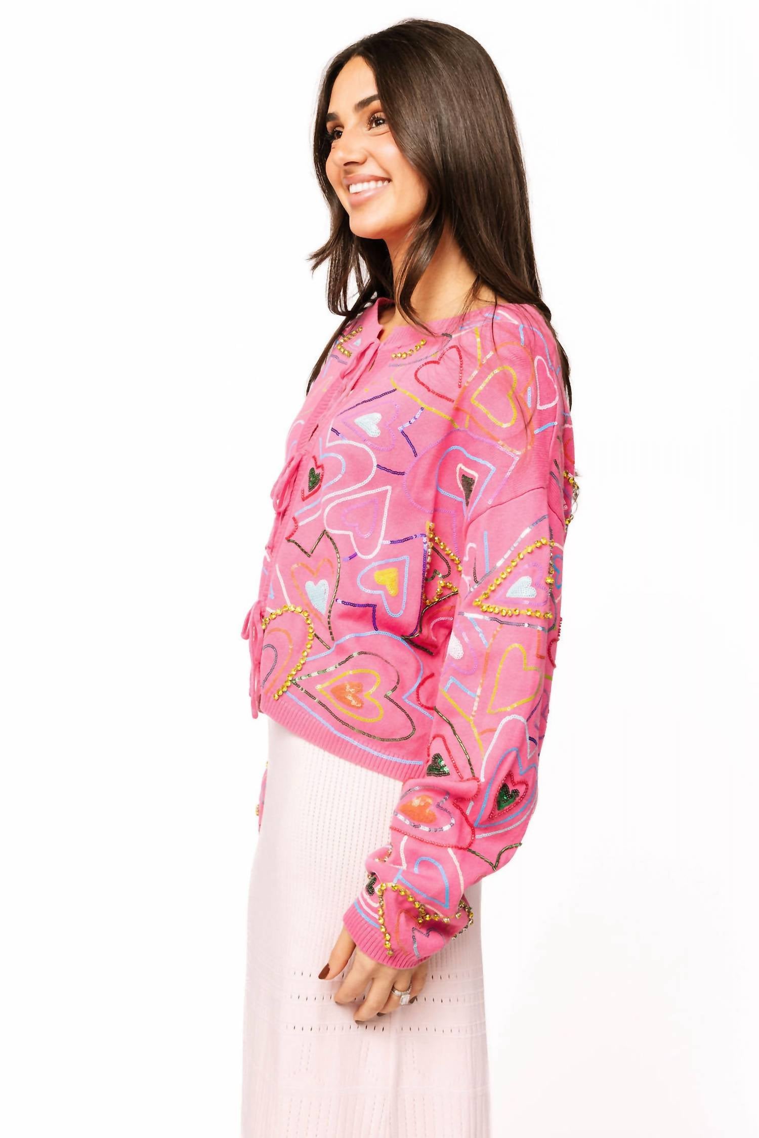 QUEEN OF SPARKLES Groovy Heart Tie Up Sweater in hot pink 1 - women's cardigan - alternate view