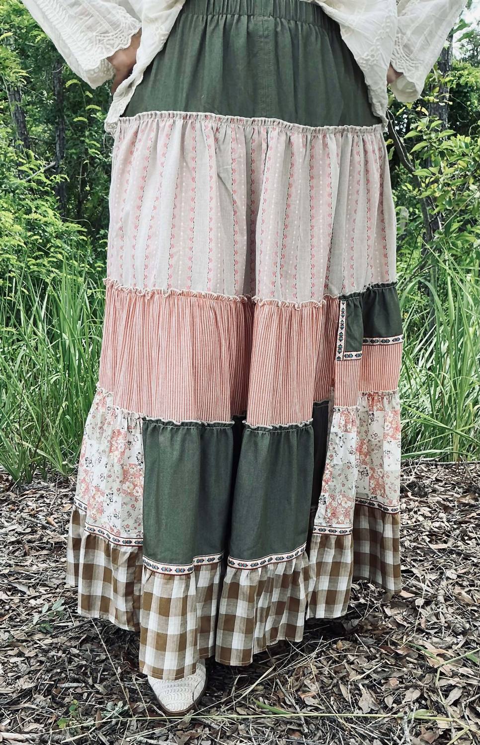 Easel - Patchwork Tiered Ruffle Maxi Skirt
