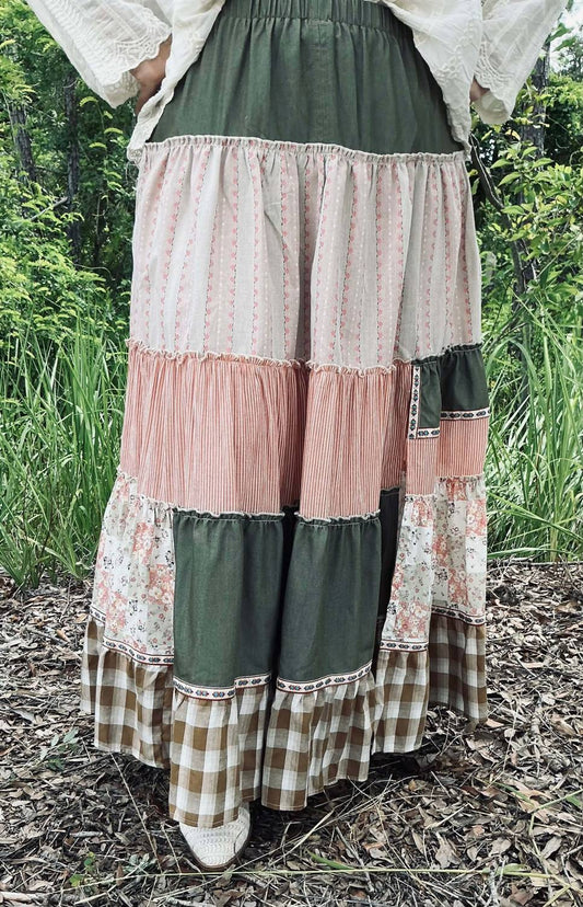 Easel - Patchwork Tiered Ruffle Maxi Skirt