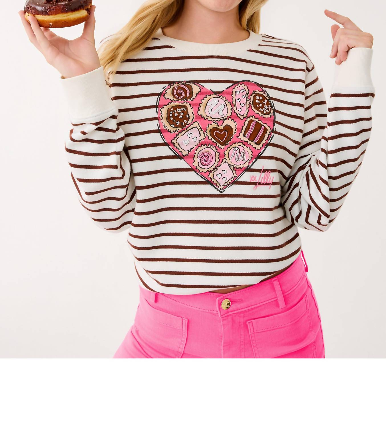 Lilly Pulitzer Ballad Cotton Sweatshirt in french roast box of chocolates embellishment - women's top - detail view