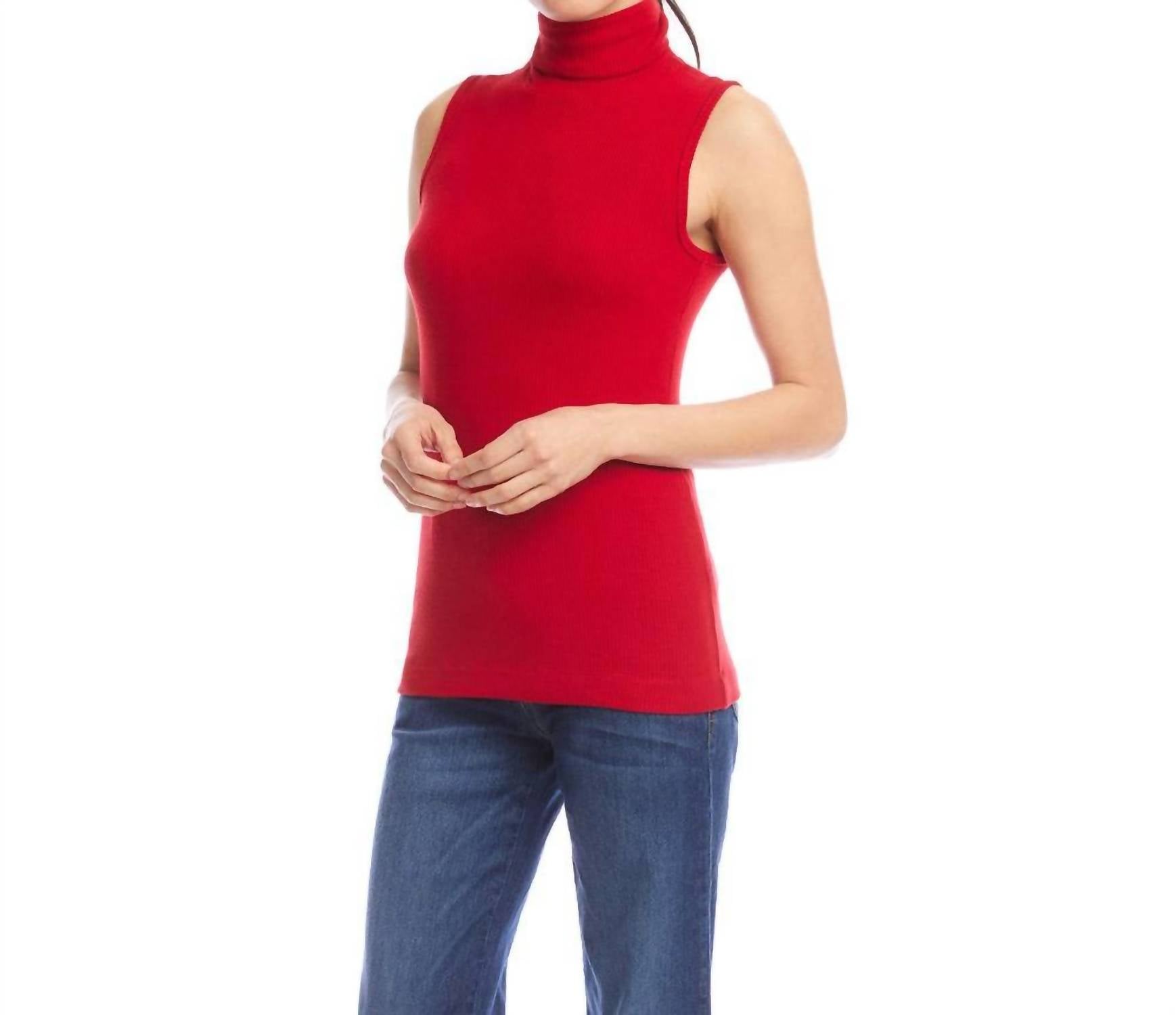 Karen Kane Ribbed Turtleneck Tank in red - women's tank top - detail view