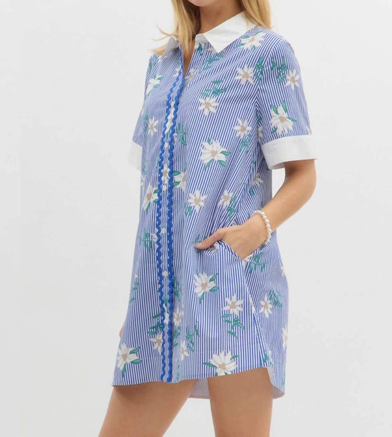 Entro - Striped Floral Print Shirt Mini Dress