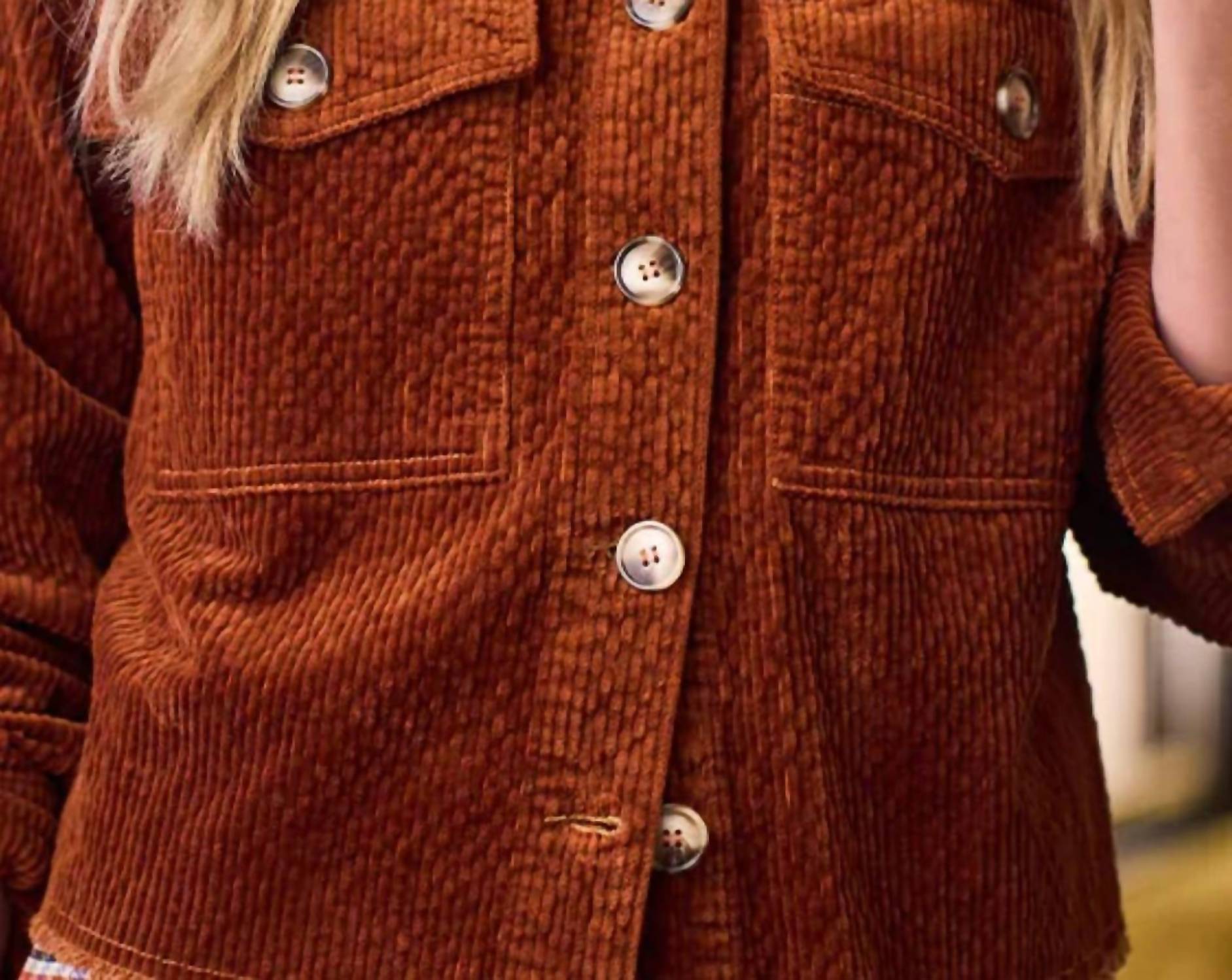 TRIBAL Crop Denim With Pockets Shacket - Plus in pumpkin spice - women's jacket - detail view